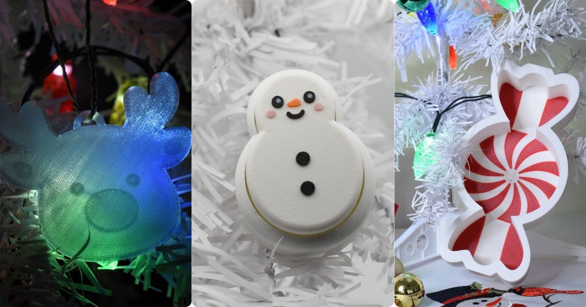 A 3-panel preview of 3D-printed Christmas decor featuring a translucent illuminated reindeer ornament, a cute snowman figure, and a peppermint candy dish on a white holiday tree.