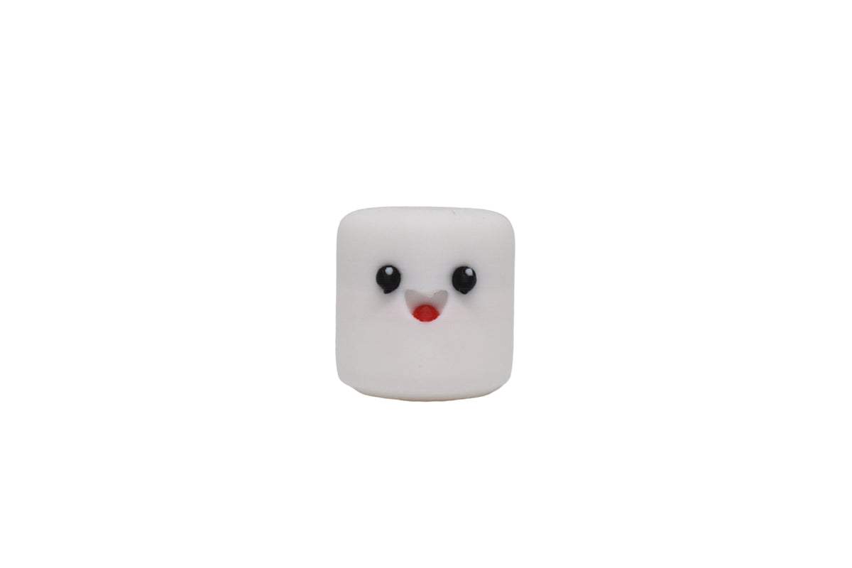 3D printed white kawaii marshmallow desk toy figure with smiling face and open mouth front view by LayerPlay