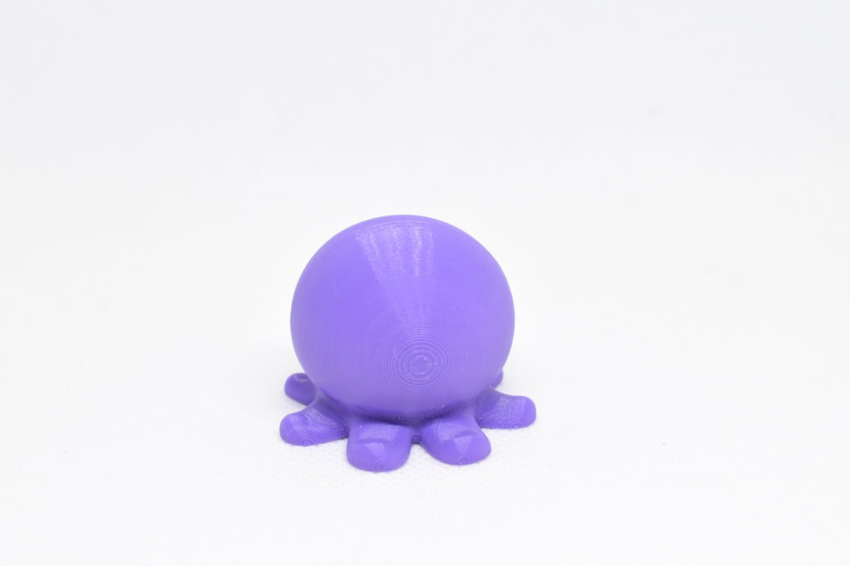 Low angle view of cute 3D printed kawaii octopus desk toy figure resting on a white background by LayerPlay