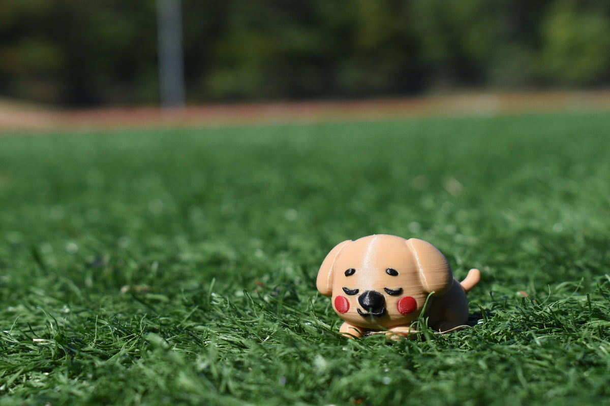 Cute 3D printed brown kawaii sleeping dog desk toy figurine lying on green grass outdoors by LayerPlay