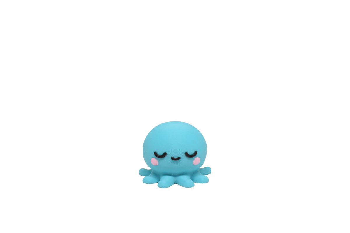 3D printed kawaii sleeping octopus desk toy figure with rosy cheeks and closed eye's front view by LayerPlay