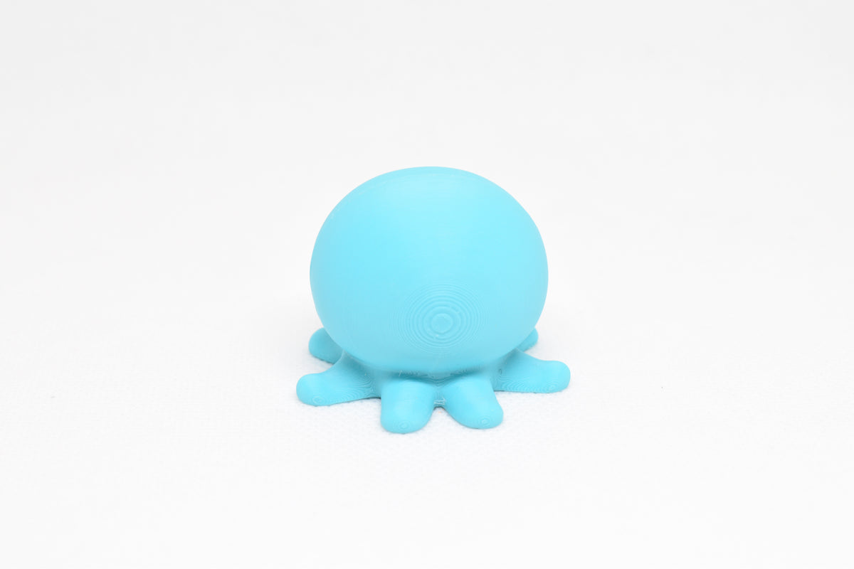 Low angle view of cute 3D printed kawaii sleeping octopus desk toy figure resting on a white background by LayerPlay