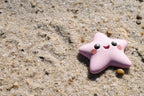 Pink 3D printed kawaii starfish desk toy figurine resting outdoors on beach sand by LayerPlay