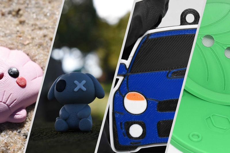 A vibrant product lineup collage featuring Layerplay's custom 3D-printed keychains, desk collectibles, and accessories.