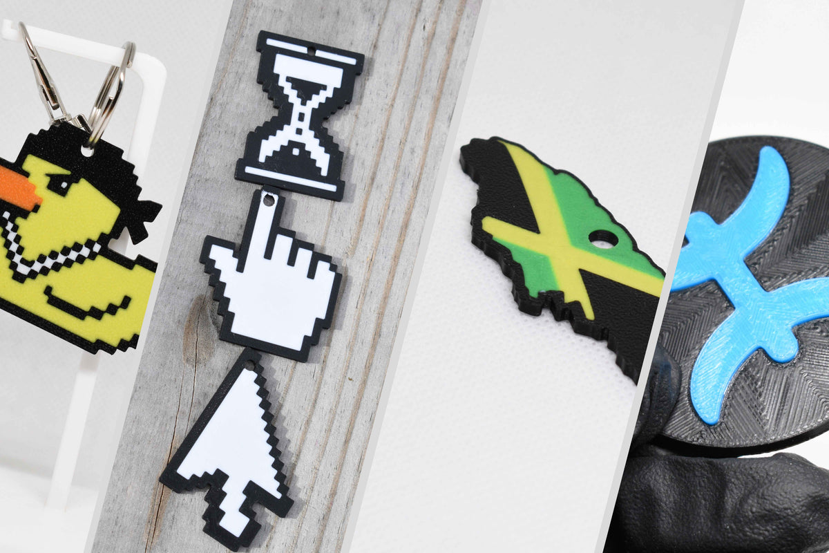 Four panel diagonal split banner for Layerplay 3D printed keychains featuring Lil Quack pixel duck character with chain, hourglass, hand pointer, and arrow pixel cursors on rustic wood, Jamaican flag map outline keychain, and blue Pisces zodiac sign keychain.