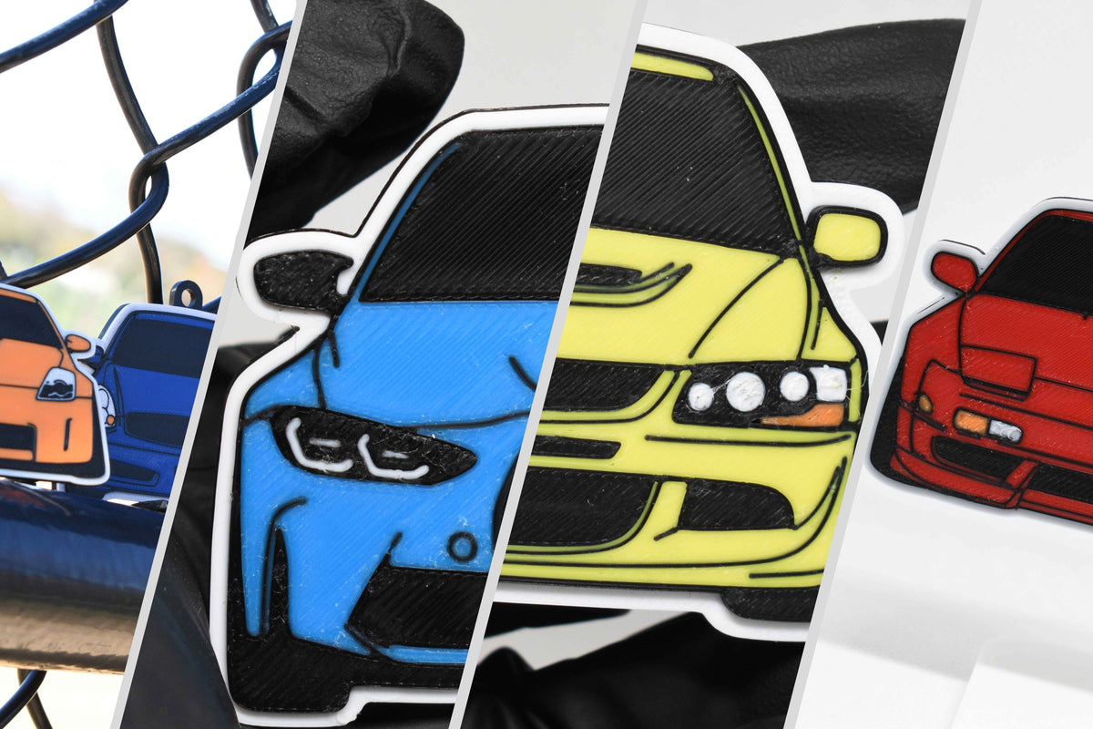 Four panel diagonal split banner for Pocket Motors 3D printed car keychains featuring an orange 350Z and blue coupe hanging on a chain link fence, blue BMW M3 or M4 front end, yellow Mitsubishi Lancer Evolution, and red Nissan 240SX S13 with pop-up headlights.