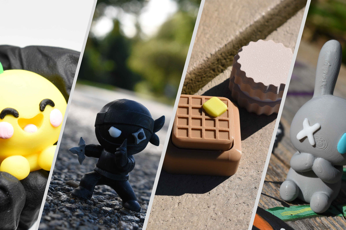 Four panel diagonal split collage for Layerplay toys and fidgets collection featuring a yellow Kawaii lemon desk figure, Shurikid ninja Monomoodz figure, WaffleClick and Vanilla Sandwich CookieClick fidget clickers, and Nixie rabbit figure.