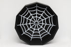 Top studio view of 3D printed black octagonal CobBowl candy dish featuring white spider web inlay design by LayerPlay Layertreat