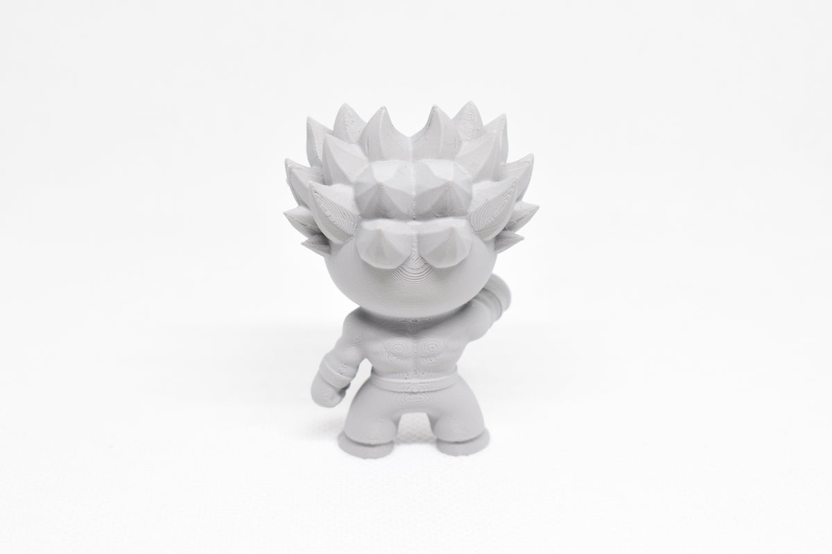 Rear view showing detailed spiked spiky hair texture and muscular back profile of grey 3D printed monomoodz erix collectible figure by LayerPlay