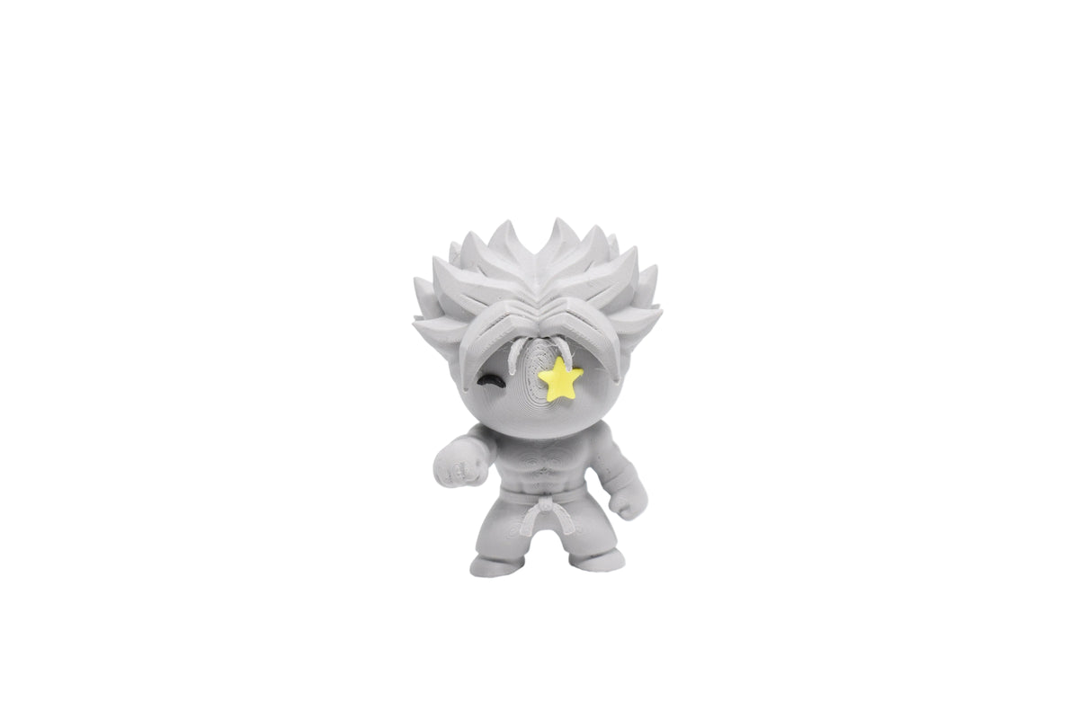 3D printed grey monomoodz erix desk figure with martial arts gi, spiked hair, and yellow star eye front view by LayerPlay