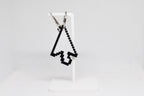 3D printed pixelated arrow mouse cursor keychain hanging on a white display stand by LayerPlay