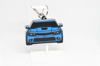 Pocket Motors Camaro SS 5th Gen facelift keychain displayed on a white stand with metal ring and clip.