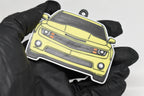 3D printed yellow Chevrolet Camaro SS 5th Gen keychain held in hand, front view detail by LayerPlay Pocket Motors