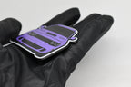 Side angle view showing 3D layered detail of purple Dodge Challenger Hellcat keychain by LayerPlay Pocket Motors