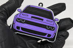 3D printed purple Dodge Challenger Hellcat keychain held in hand, front view detail by LayerPlay Pocket Motors