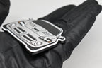 Side angle view showing 3D layered detail of light gray Dodge Viper 4th Gen keychain by LayerPlay Pocket Motors
