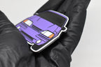Side angle view showing 3D layered detail of purple Ford Mustang Foxbody keychain by LayerPlay Pocket Motors