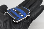 Side angle view showing 3D layered detail of blue Ford Mustang S197 GT facelift keychain by LayerPlay Pocket Motors
