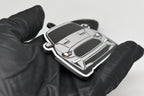 Side angle view showing 3D layered detail of light gray Ford Mustang S550 facelift keychain by LayerPlay Pocket Motors