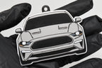 3D printed light gray Ford Mustang S550 facelift keychain held in hand, front view detail by LayerPlay Pocket Motors