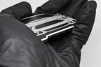 Side angle view showing 3D layered detail of light gray Ford Mustang S550 keychain by LayerPlay Pocket Motors