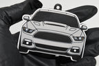 3D printed light gray Ford Mustang S550 keychain held in hand, front view detail by LayerPlay Pocket Motors