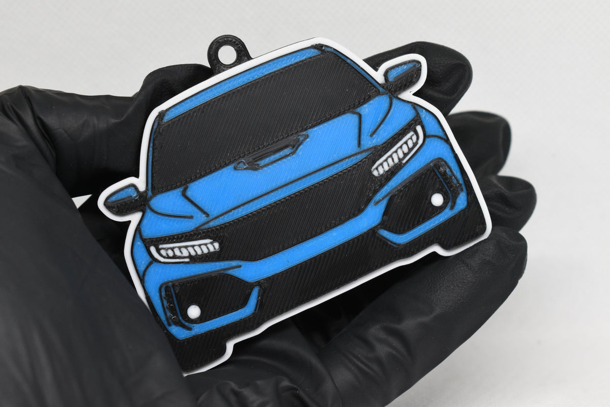 3D printed light blue Honda Civic FK8 keychain held in hand, front view detail by LayerPlay Pocket Motors