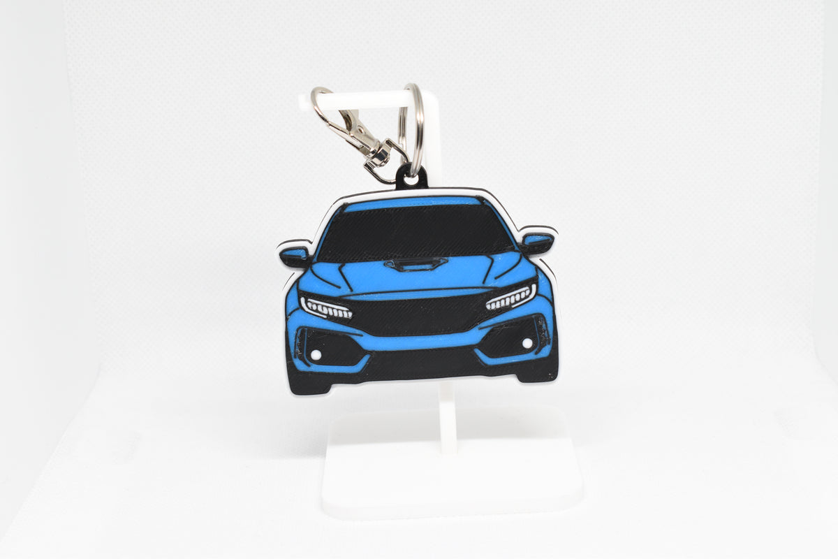 Pocket Motors Honda Civic FK8 keychain displayed on a white stand with metal ring and clip.