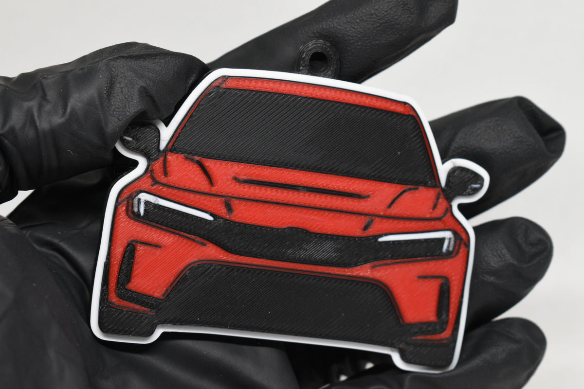 3D printed red Honda Civic FL5 keychain held in hand, front view detail by LayerPlay Pocket Motors