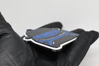 Side angle view showing 3D layered detail of blue Kia Forte GT keychain by LayerPlay Pocket Motors