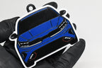 3D printed blue Kia Forte GT keychain held in hand, front view detail by LayerPlay Pocket Motors