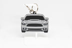 Pocket Motors Mustang S550 keychain displayed on a white stand with metal ring and clip.