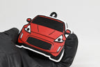 3D printed red Nissan 370Z keychain held in hand, front view detail by LayerPlay Pocket Motors