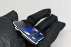 Side angle view showing 3D layered detail of blue Subaru WRX Bugeye keychain by LayerPlay Pocket Motors