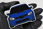 3D printed blue Hawkeye Subaru WRX STI keychain held in hand, front view detail by LayerPlay Pocket Motors