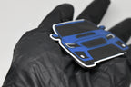 Side angle view showing 3D layered detail of blue Subaru WRX STI VA facelift keychain by LayerPlay Pocket Motors