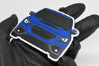 3D printed blue Subaru WRX VB keychain held in hand, front view detail by LayerPlay Pocket Motors